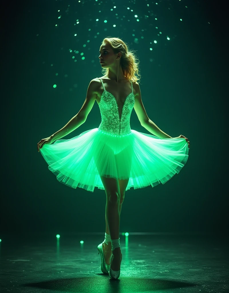 hyperealistic photo A full body shot of A beautiful blonde woman, A ballerina in a glowing green neon dress dancing, glowing and sparkling, a magical atmosphere, a starry night sky background, stars shining, beautiful legs, a perfect body shape, cute face features, hyper realistic., ultra-realistic photograph captured, high-resolution 8k quality ,detailed face, 8k