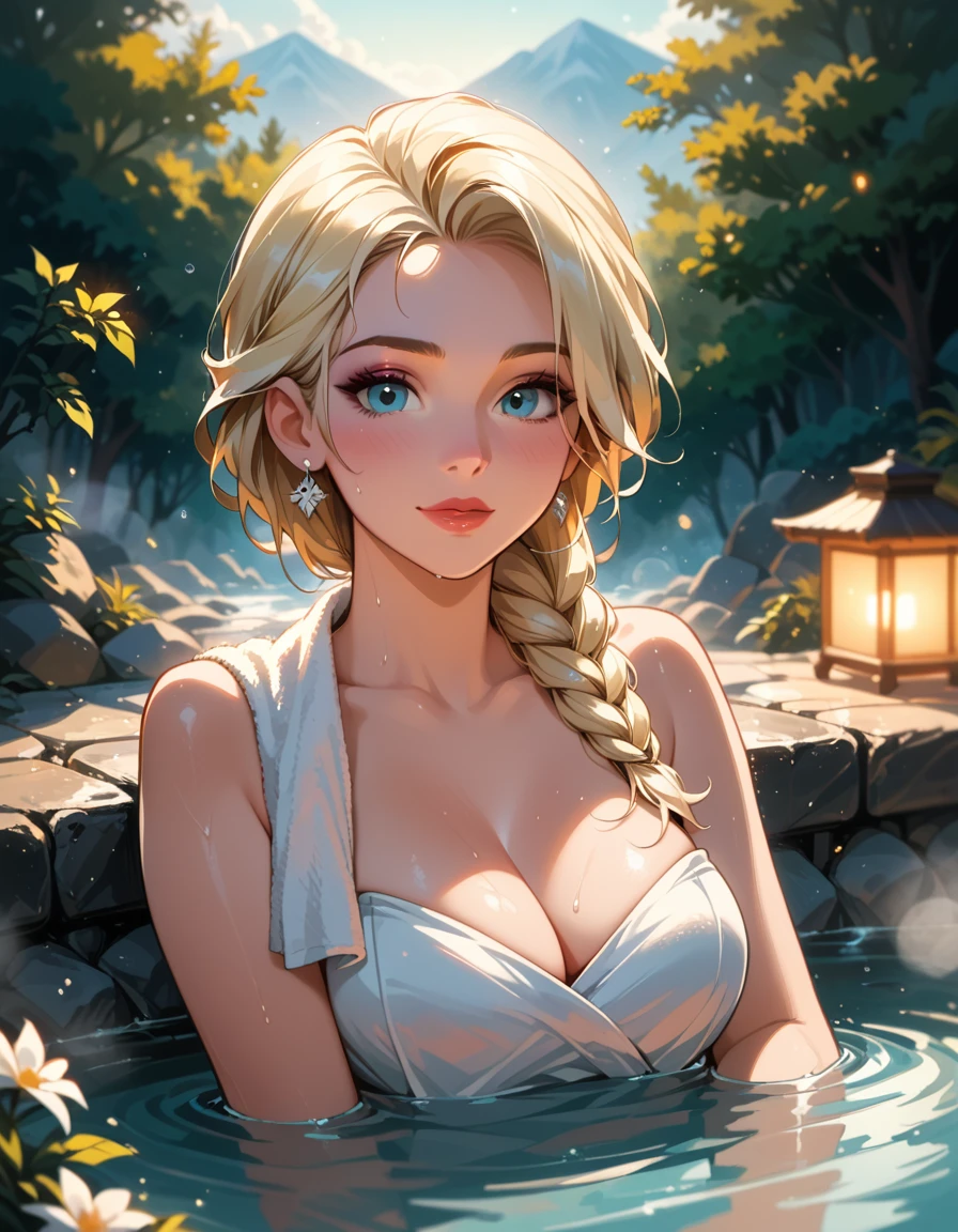 score_9, score_8_up, score_7_up, score_6_up, cinematic film still, 1girl, mature elsa (blonde hair, braid:1.1), (wearing only a white towel:1.3), cleavage, relaxing by hot spring, sweaty, (cinematic lighting:1.2),, shallow depth of field, vignette, highly detailed, high budget, bokeh, cinemascope, moody, epic, gorgeous, film grain, grainy.