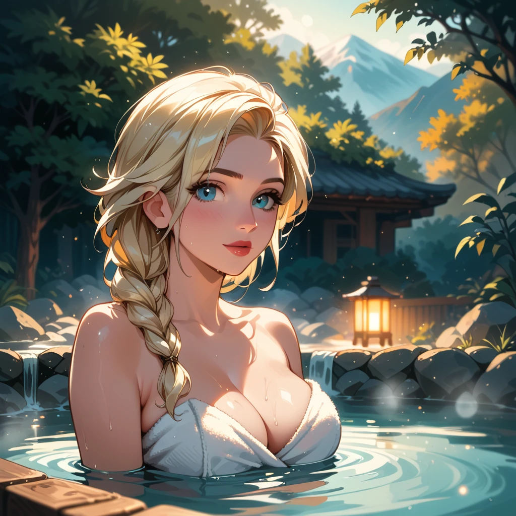 score_9, score_8_up, score_7_up, score_6_up, cinematic film still, 1girl, mature elsa (blonde hair, braid:1.1), (wearing only a white towel:1.3), cleavage, relaxing by hot spring, sweaty, (cinematic lighting:1.2),, shallow depth of field, vignette, highly detailed, high budget, bokeh, cinemascope, moody, epic, gorgeous, film grain, grainy.