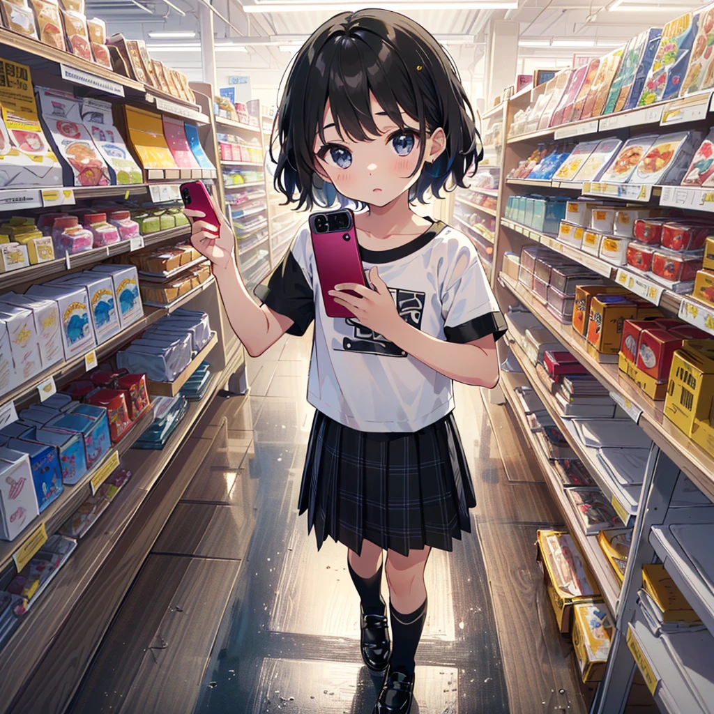 {{{Top quality}}}, {{Very detailed, high detailed face, high detailed beautiful eyes, super detail: 1.3), (delicate illustration: 1.2)}}, department store (large department store, wide aisle ), {{{Top quality}}}, Elementary school girl (), ((Children's clothes (black short-sleeved T-shirt), plaid gathered pleated skirt (white vertical and horizontal lines), socks (black), shoes (black children) Leather shoes)), ((young body)), ( (((holding a smartphone (taking a picture of yourself with the camera)))))), chest (flat chest), round face, child: 1.25), ( Baby face: 1.2), ((short hand)),