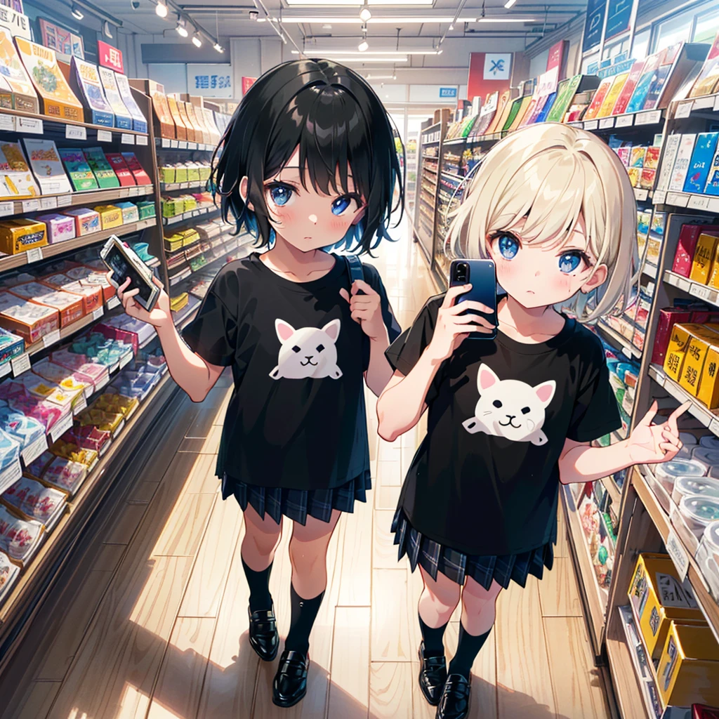 {{{Top quality}}}, {{Very detailed, high detailed face, high detailed beautiful eyes, super detail: 1.3), (delicate illustration: 1.2)}}, department store (large department store, wide aisle ), {{{Top quality}}}, Elementary school girl (5 years old), ((Children's clothes (black short-sleeved T-shirt), plaid gathered pleated skirt (white vertical and horizontal lines), socks (black), shoes (black children) Leather shoes)), ((young body)), ( (((holding a smartphone (taking a picture of yourself with the camera)))))), chest (flat chest), round face, child: 1.25), ( Baby face: 1.2), ((short hand)),