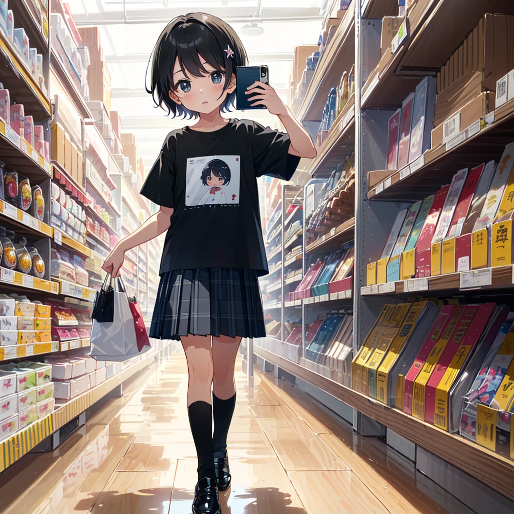 {{{Top quality}}}, {{Very detailed, high detailed face, high detailed beautiful eyes, super detail: 1.3), (delicate illustration: 1.2)}}, department store (large department store, wide aisle ), {{{Top quality}}}, Elementary school girl (5 years old), ((Children's clothes (black short-sleeved T-shirt), plaid gathered pleated skirt (white vertical and horizontal lines), socks (black), shoes (black children) Leather shoes)), ((young body)), ( (((holding a smartphone (taking a picture of yourself with the camera)))))), chest (flat chest), round face, child: 1.25), ( Baby face: 1.2), ((short hand)),