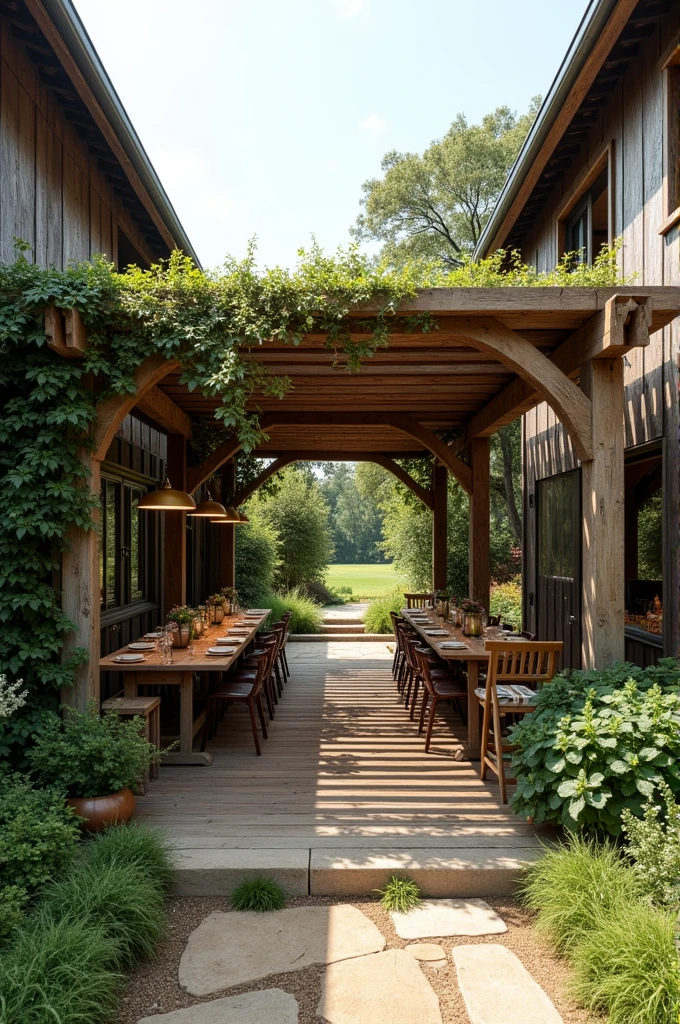 Pergola roof that sits between two other house blocks, previously built, and gourmet space on a farm