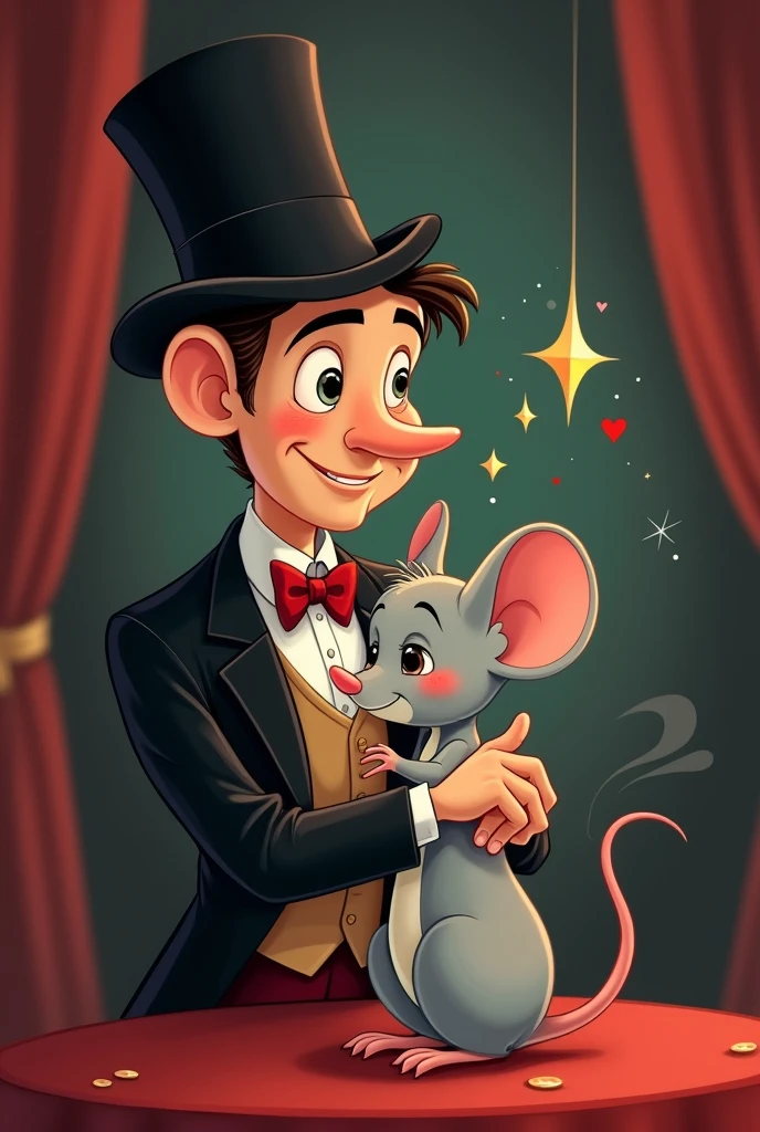 Cartoon illustration of an elegant magician with a playing card in his hat hugging a grey mouse (Romantic)