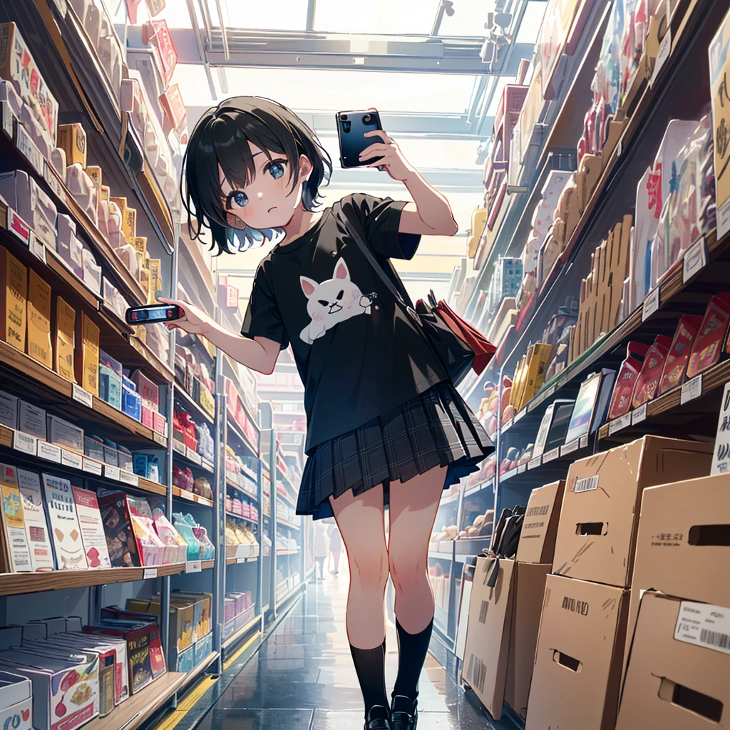 {{{Top quality}}}, {{Very detailed, high detailed face, high detailed beautiful eyes, super detail: 1.3), (delicate illustration: 1.2)}}, department store (large department store, wide aisle ), {{{Top quality}}}, Elementary school girl (5 years old), ((Children's clothes (black short-sleeved T-shirt), plaid gathered pleated skirt (white vertical and horizontal lines), socks (black), shoes (black children) Leather shoes)), ((young body)), ( (((holding a smartphone (taking a picture of yourself with the camera)))))), chest (flat chest), round face, child: 1.25), ( Baby face: 1.2), ((short hand)),