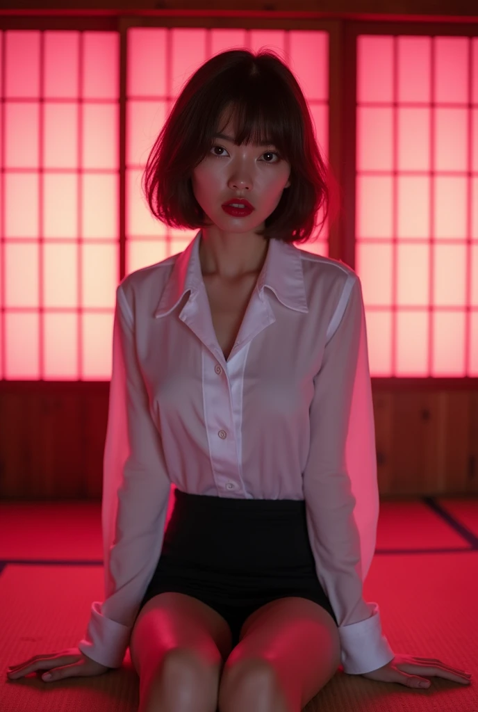 ((Japanese actress)) Mature Woman ((Plump, bright red lips with lipstick)) Big Breasts ((Short brown hair with bangs)) ((Looking into the camera)) Sit with your legs apart ((White button shirt and black enamel tight skirt)) Low-angle shot of a person standing facing forward look down ((A bedroom with shoji and tatami mats lit up in pink neon lights))