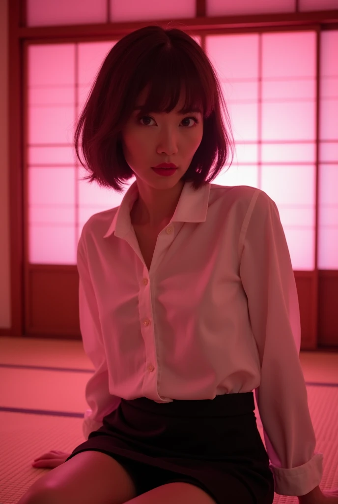 ((Japanese actress))　Mature Woman　((Plump, bright red lips with lipstick))　Big Breasts　((Short brown hair with bangs))　((Looking into the camera))　Sit with your legs apart　((White button shirt and black enamel tight skirt))　　Low-angle shot of a person standing facing forward　look down　((A bedroom with shoji and tatami mats lit up in pink neon lights))　