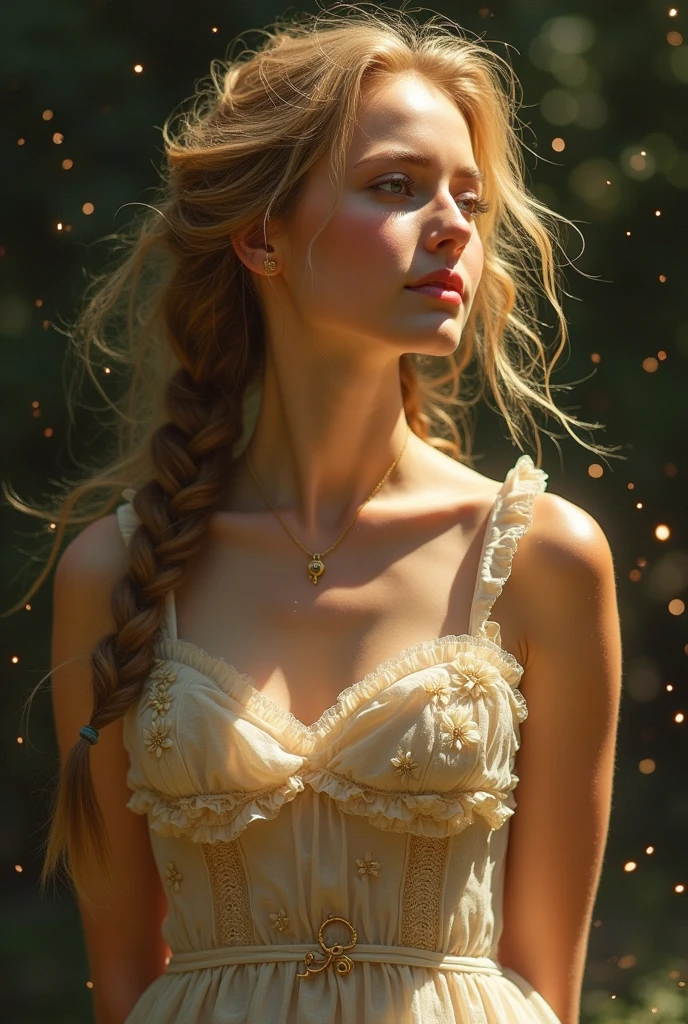 A wonderful masterpiece, Upper Body, (Adult: 1.6) Hungarian woman, (Giggling: 0.4), Place your arms behind your head, Golden braid, Sparkling eyes, victorian sundress, Floating light particles, Centered, Adding facial details