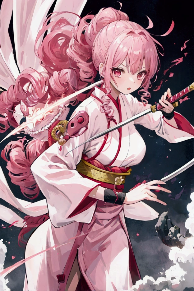a girl in a sakura forest holding a katana, 1girl, beautyful, ultra detailed, kimetsu no yaiba, cute, solo, fullbody, good anatomy, standing, katana, beautyful body, sakura forest, beautyful legs, beautyful face, high quality, anime, beautyful background, beautyful, kimono, masterpiece, detailed hand, detailed legs, detailed face, detailed katana