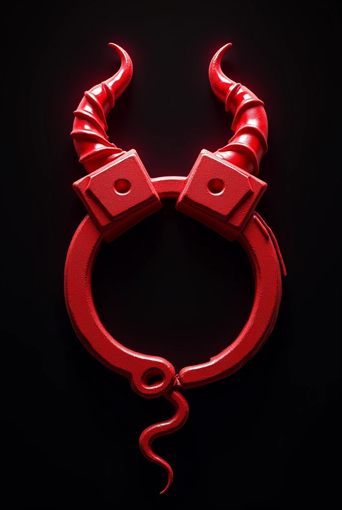 (logo design) evil logo, a striking red handcuff, adorned with sharp, menacing demon horns, and a sinuous tail extending from the base, dynamic and bold, emphasizing a dark theme, glossy finish, high-resolution, creating an impression of malevolence and power.