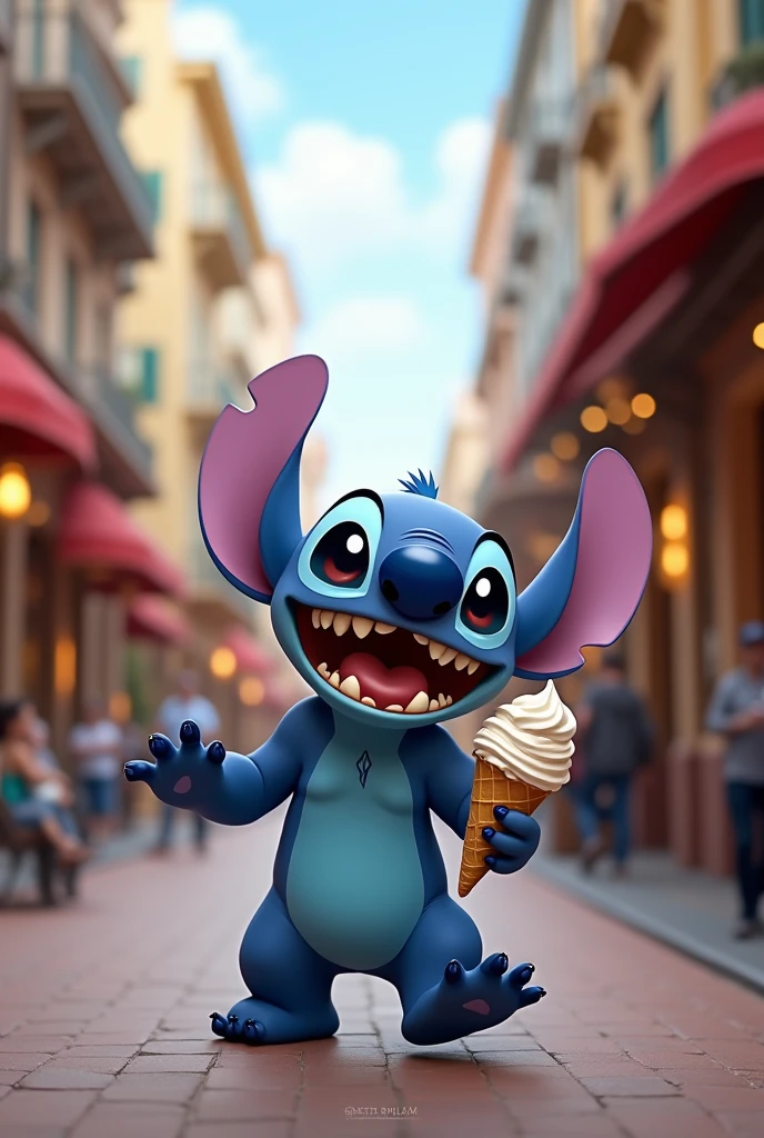 HAPPY STICH WALKING DOWN THE STREET WITH ICE CREAM IN HAND.