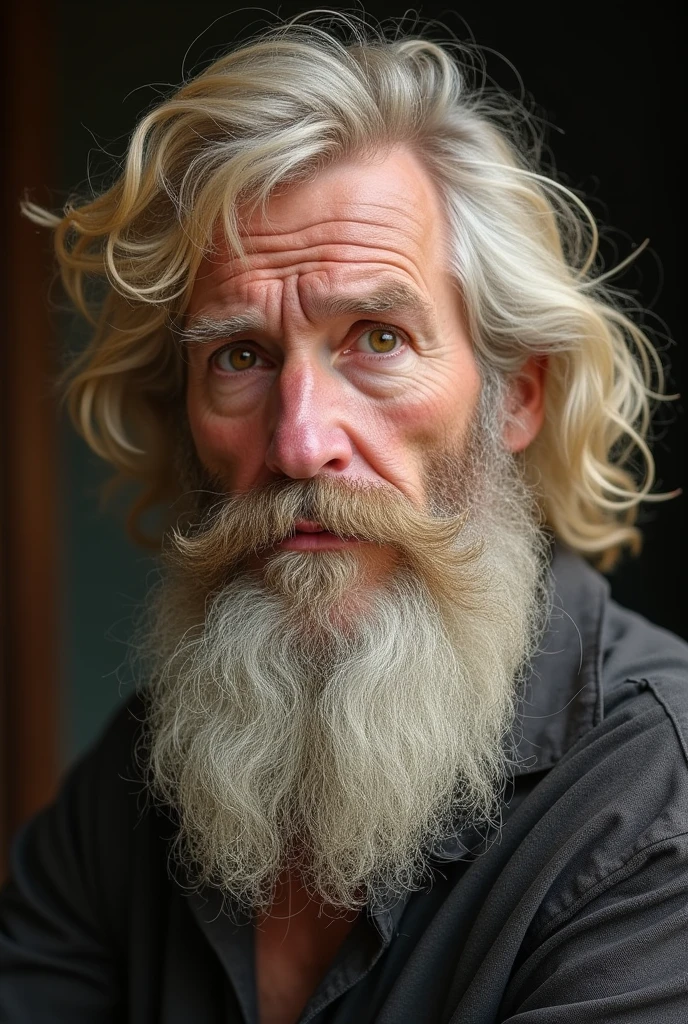 A 59-YEAR-OLD MAN WITH BLONDE HAIR, CHOPPED CHANEL, BLONDE BEARD, YELLOWISH BROWN EYES, GYPSY, MEGAMORPHOUS PHYSICALITY