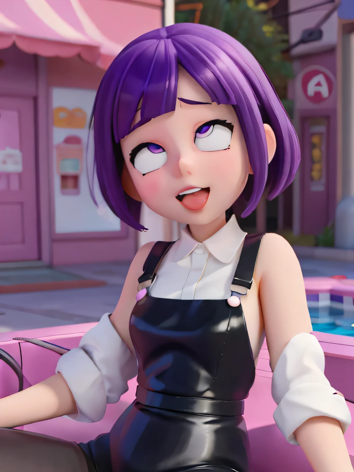 Girl sitting on pool seat, white skin, purple hair, delicate face, fashion illustration, toy core, colorful street scene, black overall, cartoon style rendering, made by Pop Mart: pastel colors, blind box toy, fine gloss, clean background, C4D, blender, 3d rendering. Octane rendering, ahegao