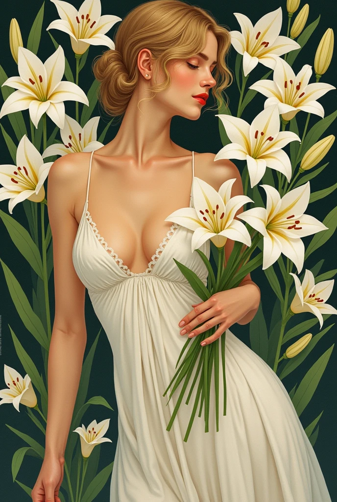 8K.Poster illustration in Alphonse Mucha style, Flat painting, Beautiful Scandinavian woman with a bouquet of white lilies、,Full body like,slenderbody, Art Nouveau, Plants in the background,C cup breasts、 masutepiece, Alfonse Mucha, high details