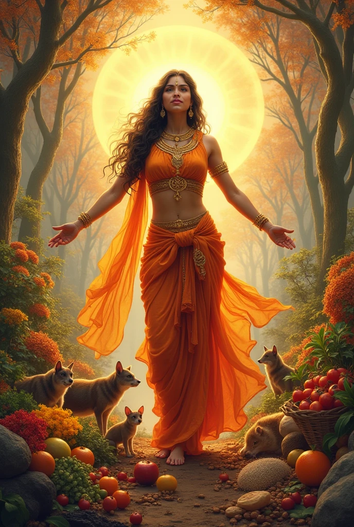AnnaPurneshwari, radiating warmth and abundance. She could be depicted surrounded by a vibrant array of foods, with her arms outstretched, offering nourishment to a diverse group of people, animals, and plants. The setting might be lush and colorful, symbolizing the richness of the earth and the sustenance she provides.