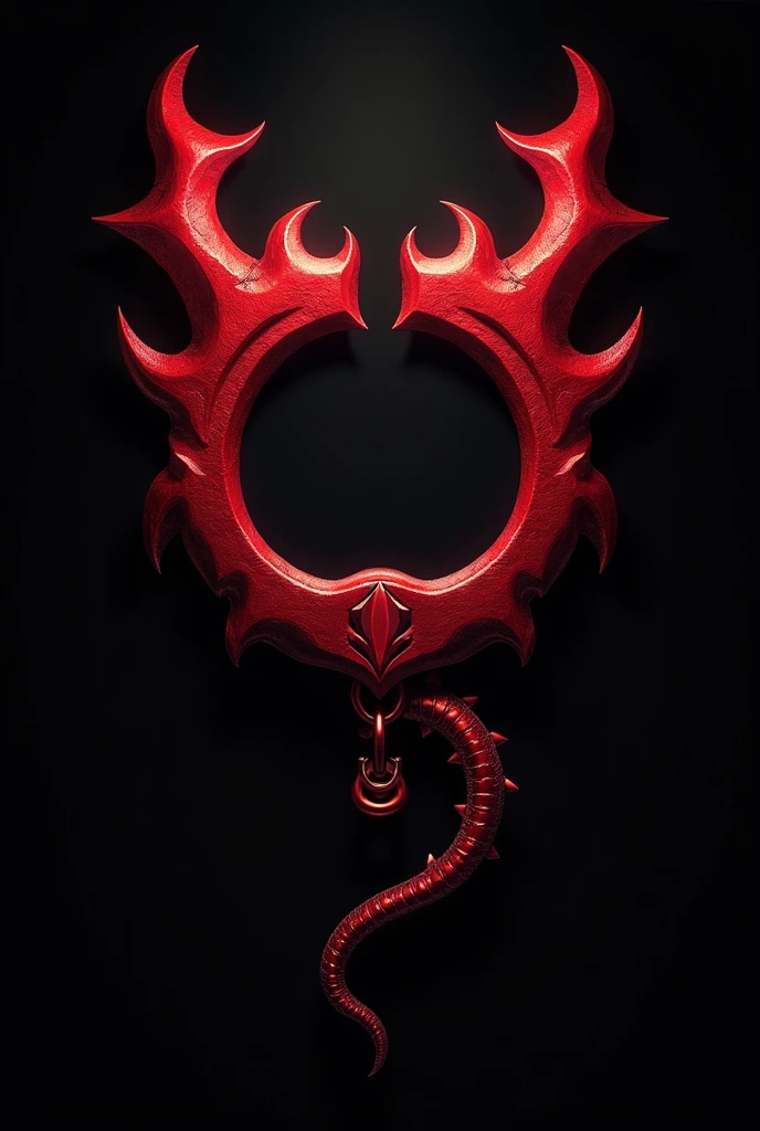 (logo design) evil logo, a striking red handcuff, adorned with sharp, menacing demon horns, and a sinuous tail extending from the base, dynamic and bold, emphasizing a dark theme, glossy finish, high-resolution, creating an impression of malevolence and power.