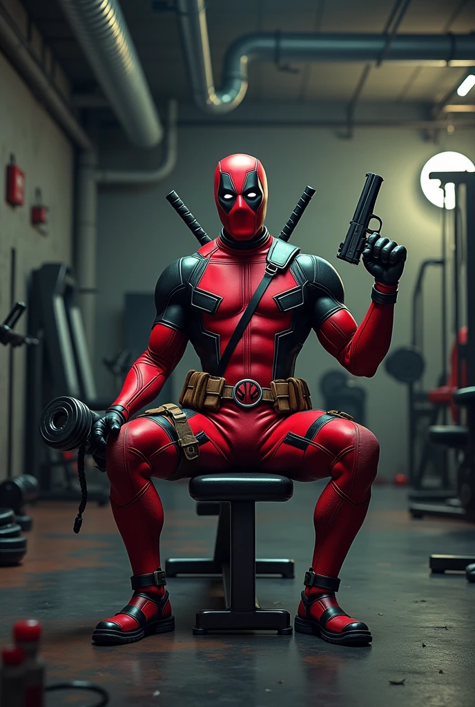 Create a Deadpool in the gym with a gun in one hand and a weight in the other, sitting on a bench and the environment is like a gym. 
