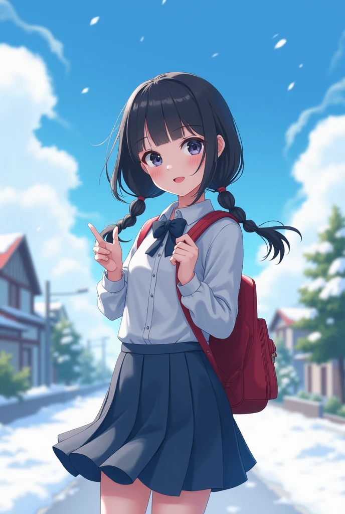 (alone:1.5),1 girl\(very cute,Soft Skin,(Girl:2.0),Dark Eyes,(),Black Hair,Shiny Hair,Braided twin tails,skirt,school bag\(red \) , Face the camera,Cute Smile,wave hands,White Breath,rural area,shining white snow,blue sky,Beautiful Clouds,quality\(8k,Highly detailed CG unit wallpaper, masterpiece,High resolution,top-quality,top-quality real texture skin,Surreal,Increase the resolution,RAW Photos,最高quality,Very detailed,Cinema Lighting,Ray Tracing,)