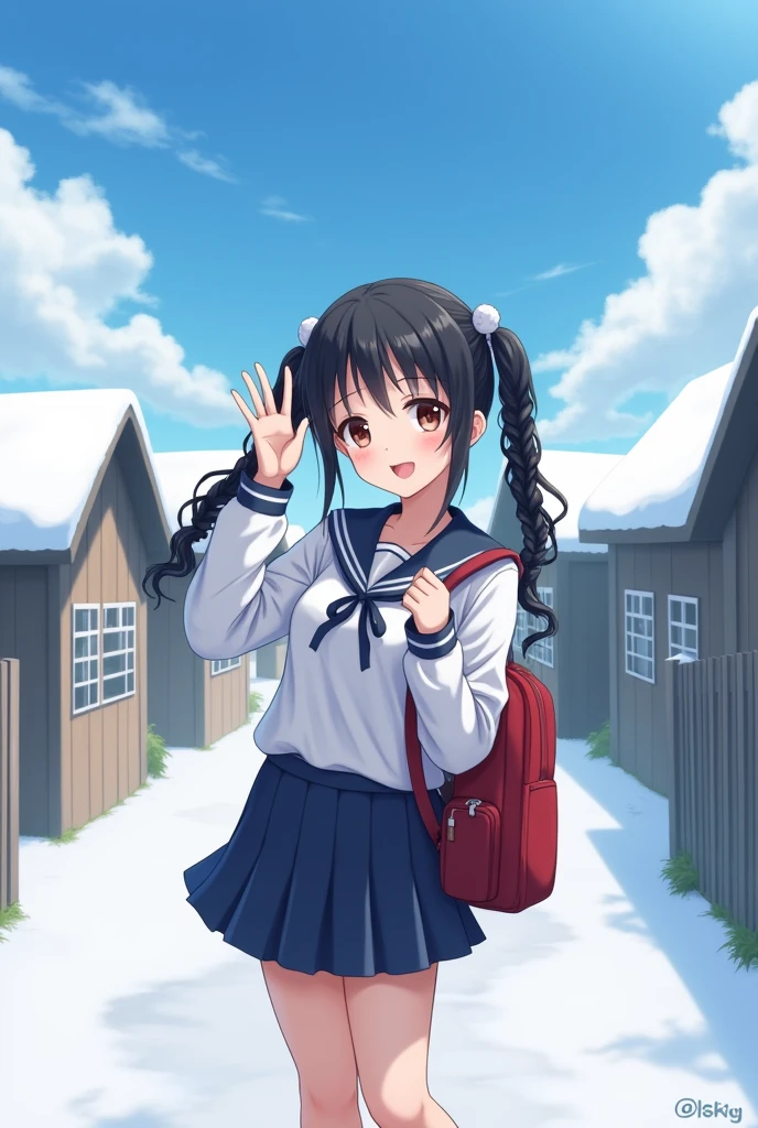 (alone:1.5),1 girl\(very cute,Soft Skin,(Girl:2.0),Dark Eyes,(12 years old),Black Hair,Shiny Hair,Braided twin tails,skirt,school bag\(red \) , Face the camera,Cute Smile,wave hands,White Breath,rural area,shining white snow,blue sky,Beautiful Clouds,quality\(8k,Highly detailed CG unit wallpaper, masterpiece,High resolution,top-quality,top-quality real texture skin,Surreal,Increase the resolution,RAW Photos,最高quality,Very detailed,Cinema Lighting,Ray Tracing,)