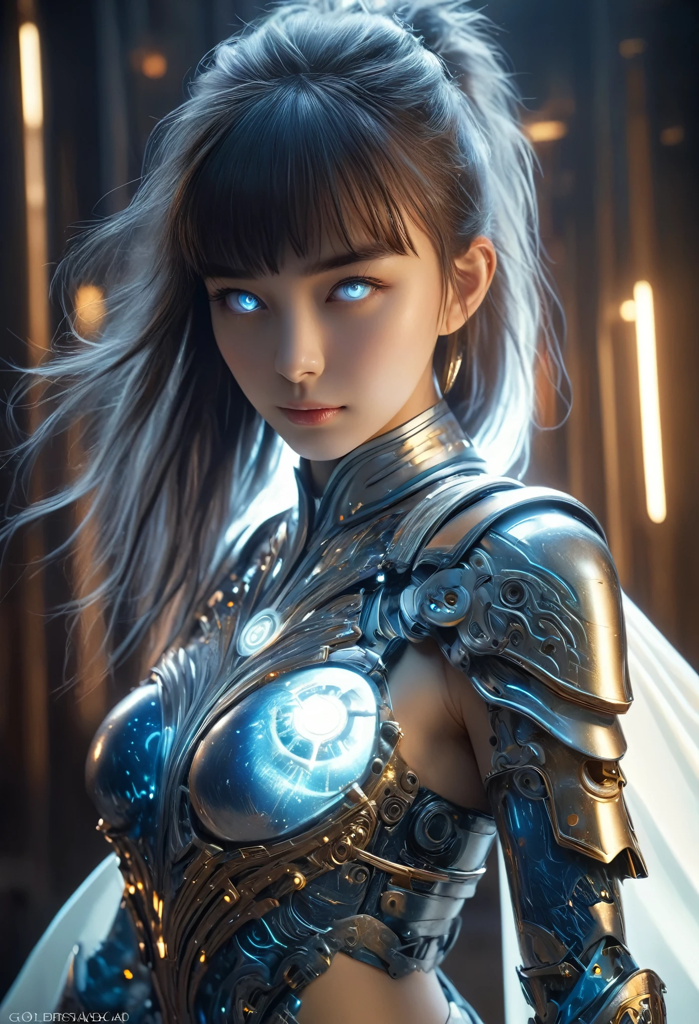 (Best Quality, 4K, 8K, High Resolution, Masterpiece: 1.2), (Super Detailed, Realistic, Photorealistic:1.37), A woman in futuristic clothing, Trending on cgstation, Trending on cgstation, (Portrait of a girl in the Knights of the Zodiac:1.4), blunt bangs, Cute Cyborg Girl, Perfect android girl, Portrait Astronaut Girl, Beautiful girl cyborg, (Girl wearing iridescent blue white mechanical cyber armor:1.3), Game CG, cgsociety and fenghua zhong, Beautiful Cyborg Shrine Maiden, Bioluminescence, (Yua Yaiba:0.5), (Golden eyes:1.5), Anatomically correct grip, (Sharp and long claws:1.4), erotic and sexy, black, wearing A gorgeous cape with beautifully detailed embroidery, (beautiful tits, beautiful breasts, beautiful nipples:1.5), (NSFW:1.5)