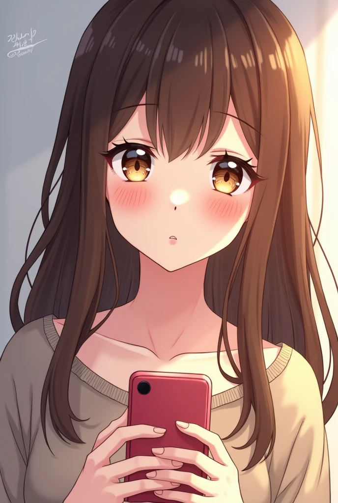 Anime girl with brown hair,brown eyes, blushing and a phone
