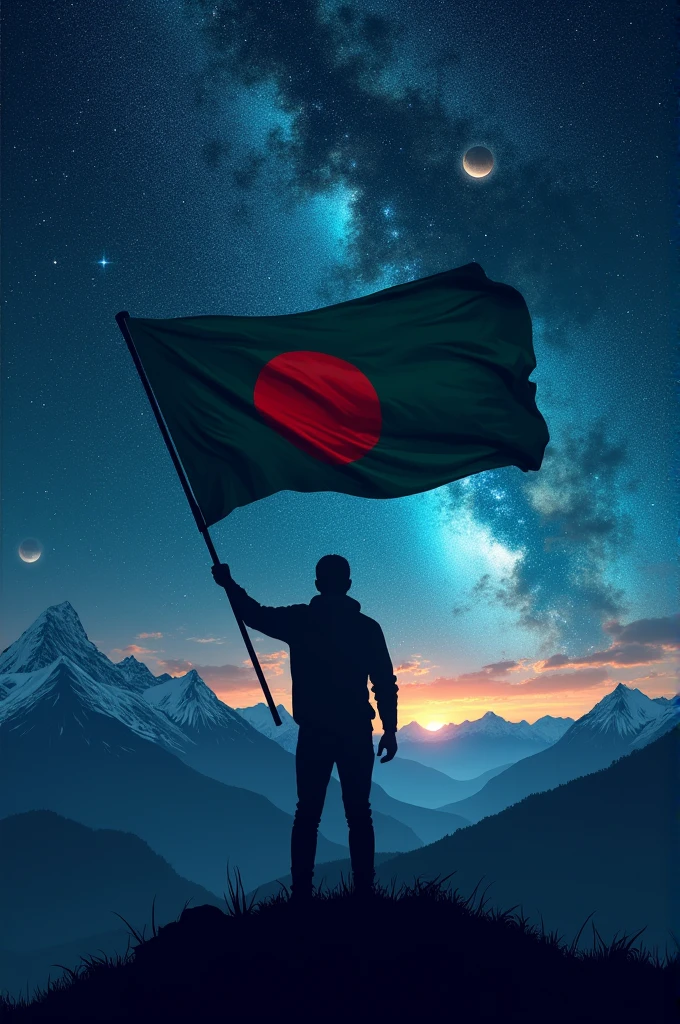 A man shadow standing in a mountain with a flag of Bangladesh in his hand in night and in the sky there is galaxy, stars, planets etc