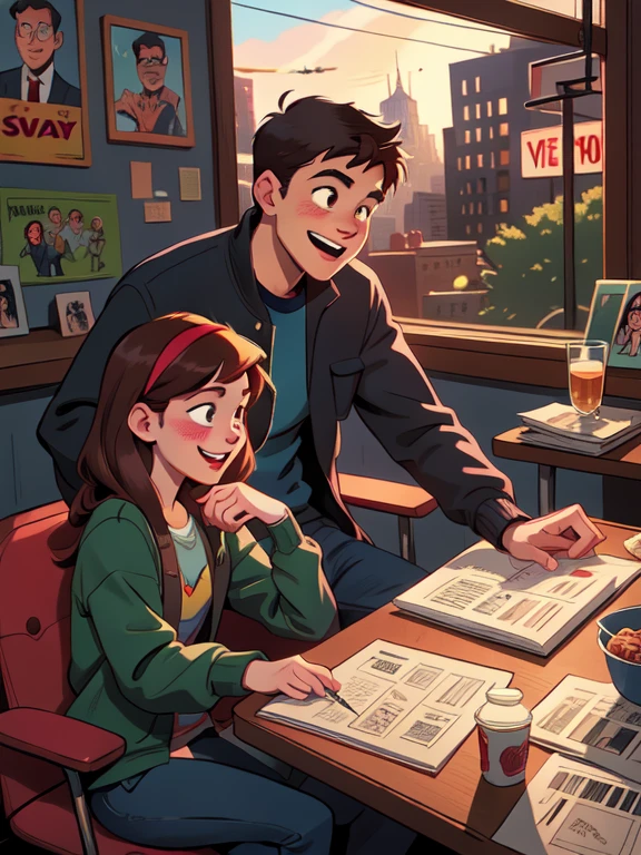 storyboard of Peter Parker late 20s sitting with Mary Jane late 20s talking and laughing, one at home, one at the theater, and the last one on a New York street, holding his right hand, comics style, modern style.