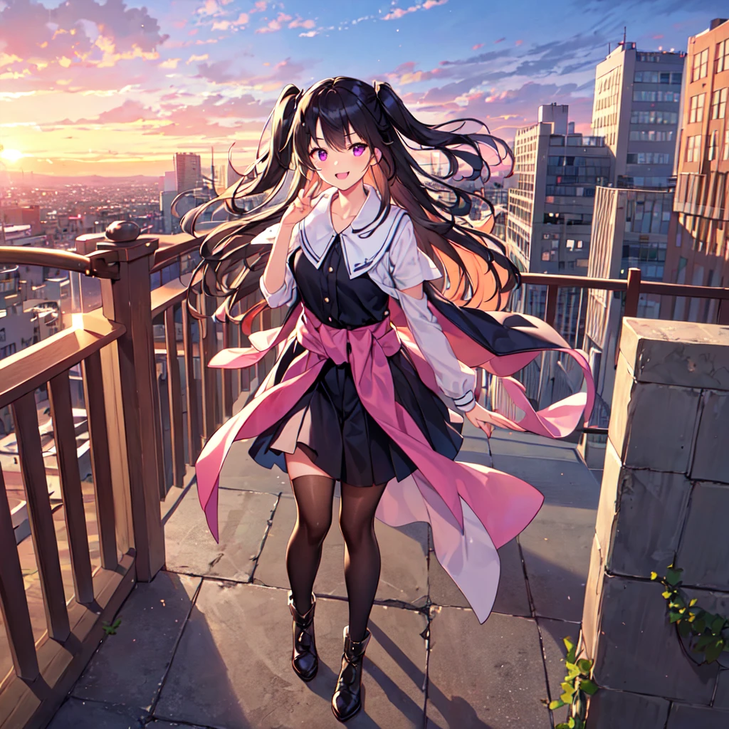 masterpiece, best quality, high quality, extremely detailed, very delicate and beautiful, (1 female 18 years old, solo: 1.5), (long black hair up to waist with two side up: 1.5), bangs to eyebrows, eyes (eyes sharp, strong, glossy, glossy eyebrows), (eye color magenta:1.3), 6.5 head height, (summer fashion: 1.3), knee socks, lace, frills, (smiling), (walking), (dynamic pose), (looking at city from summer hill: 1.3), (sunset: 1.3)