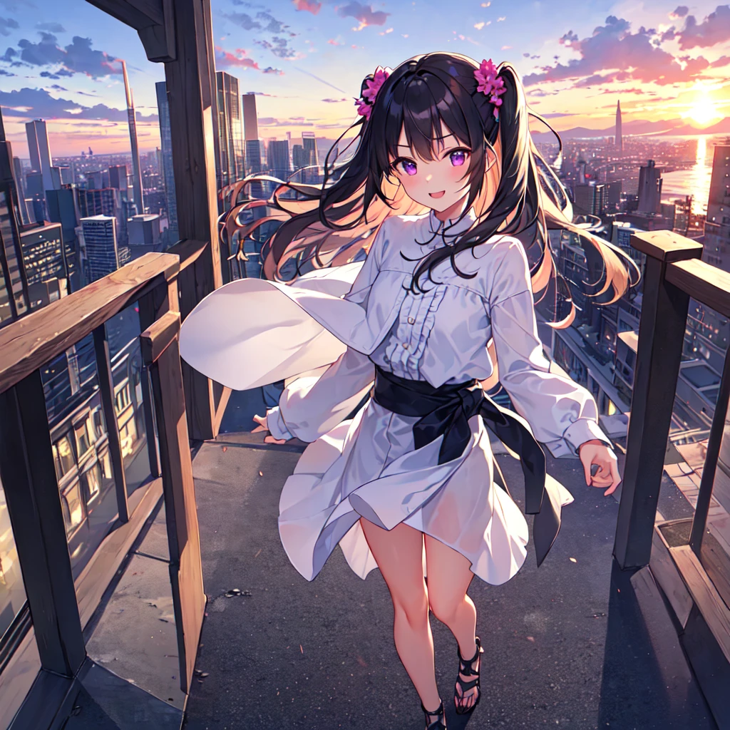 masterpiece, best quality, high quality, extremely detailed, very delicate and beautiful, (1 female 18 years old, solo: 1.5), (long black hair up to waist with two side up: 1.5), bangs to eyebrows, eyes (eyes sharp, strong, glossy, glossy eyebrows), (eye color magenta:1.3), 6.5 head height, (summer fashion: 1.3), knee socks, lace, frills, (smiling), (walking), (dynamic pose), (looking at city from summer hill: 1.3), (sunset: 1.3)