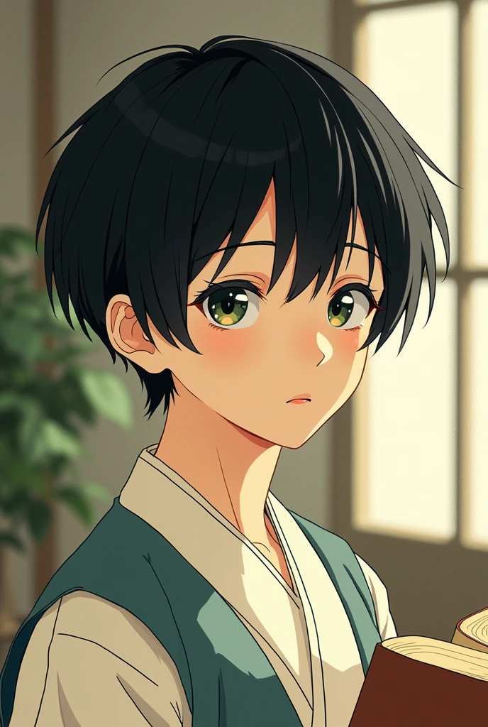 Short hair boy, black color, light skinned, burns in sunlight , era taisho manga