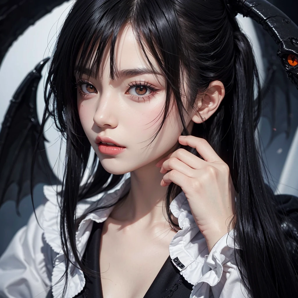 A woman with demonic white eyes, and black hair