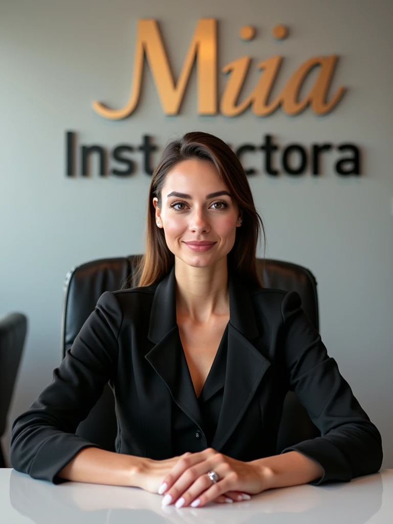 {
  "size": "1024x1024",
  "prompt": "A sophisticated and elegant female manicure instructor sitting on an executive chair, facing the camera directly. She has a composed and confident expression, with both hands placed gracefully on a table in front of her. The background is clean and professional, with a logo behind her that reads 'Mia Instrutora' in stylish, modern lettering. The overall atmosphere is sleek, chic, and professional."
}