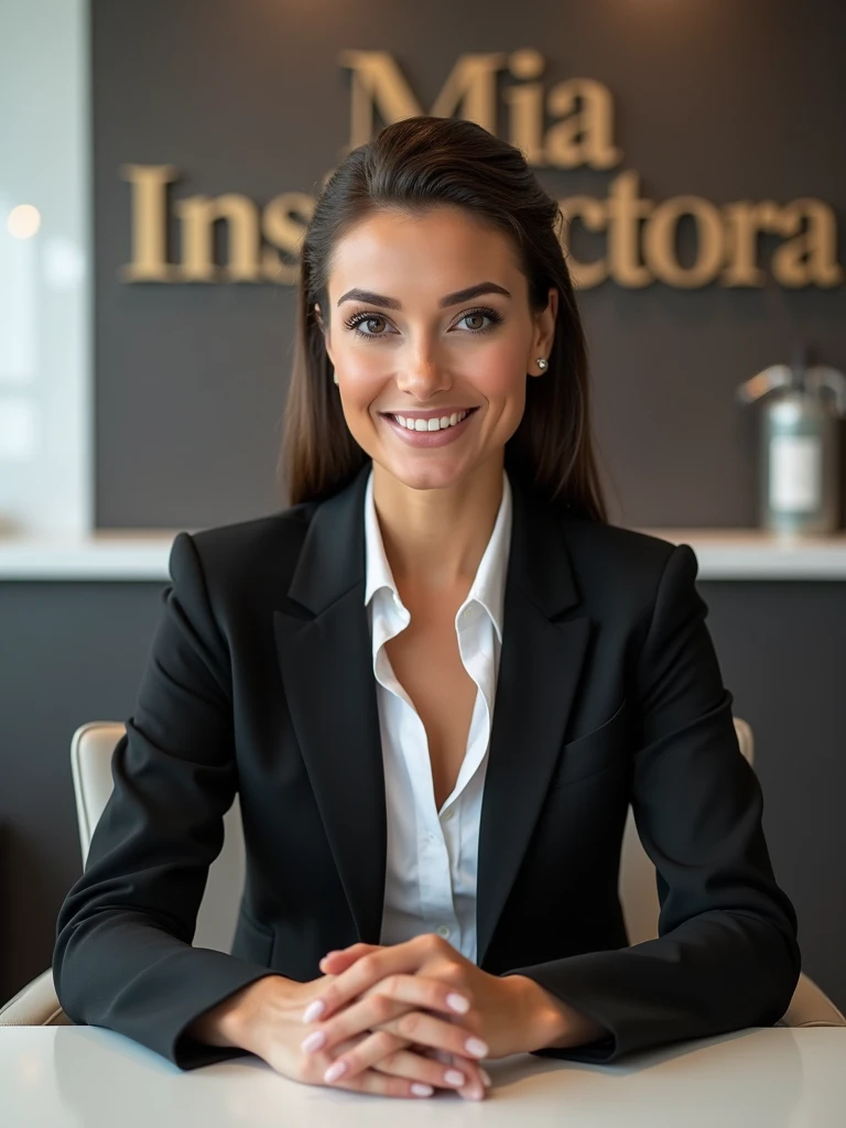 {
"size": "1024x1024",
"prompt": "A sophisticated and elegant female manicure instructor sitting on an executive chair, facing the camera directly. She has a composed and confident expression, with both hands placed gracefully on a table in front of her. The background is clean and professional, with a logo behind her that reads 'Mia Instrutora' in stylish, modern lettering. The overall atmosphere is sleek, chic, and professional."
}