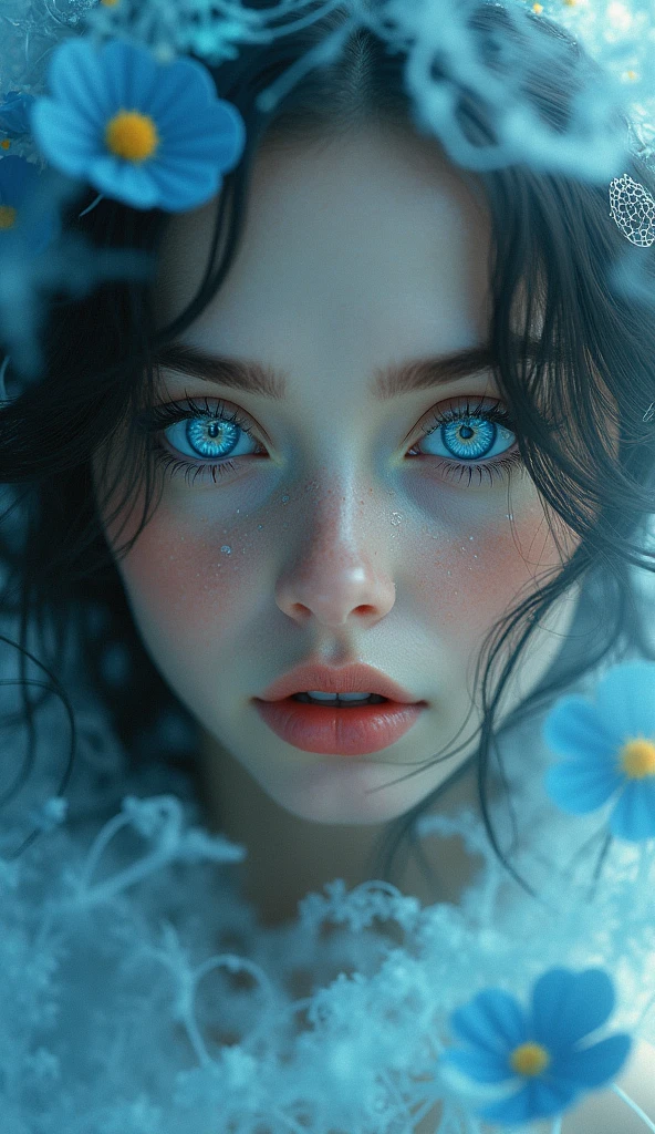 close：Blue-eyed、A woman with a radiant face, Beeple 的Surreal主义, Popular on Art Station, Fantasy art, hyperrealistic Fantasy art, Beautiful digital art, 8K Photorealistic Digital Art, Realistic Digital Art 4K, Realistic Digital Art 4K, Brandon Wolfell, Mysterious!!! Surreal, Surreal主义数字艺术