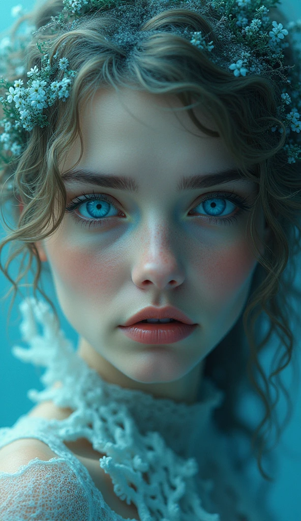 close:Blue-eyed、A woman with a radiant face, Beeple 的Surreal主义, Popular on Art Station, Fantasy art, hyperrealistic Fantasy art, Beautiful digital art, 8K Photorealistic Digital Art, Realistic Digital Art 4K, Realistic Digital Art 4K, Brandon Wolfell, Mysterious!!! Surreal, Surreal主义数字艺术