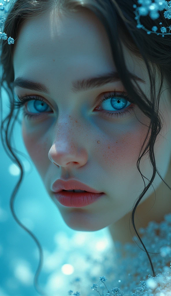 close:Blue-eyed、A woman with a radiant face, Beeple 的Surreal主义, Popular on Art Station, Fantasy art, hyperrealistic Fantasy art, Beautiful digital art, 8K Photorealistic Digital Art, Realistic Digital Art 4K, Realistic Digital Art 4K, Brandon Wolfell, Mysterious!!! Surreal, Surreal主义数字艺术