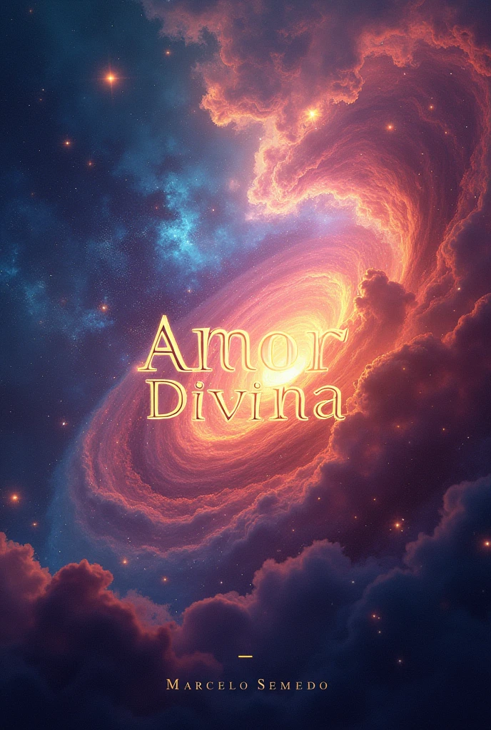 Album cover art for ‘Amor Divina’ by Marcelo Semedo. The design features an intense, high-energy cosmic scene filled with vibrant, swirling galaxies and radiant stars. The universe is portrayed in full motion, with colors bursting and blending into each other. A soft, yet powerful aura surrounds the scene, conveying a divine and otherworldly energy. The title ‘Amor Divina’ is elegantly integrated into the design, glowing with a warm light. The overall style is artistic, dynamic, and full of life, capturing the essence of cosmic power.