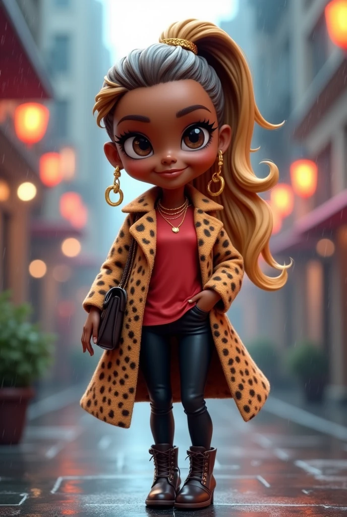 chibi-style 3D digital illustration of a African American woman. Long ponytail features blonde hair with brown highlights. Wears a stylish cheetah print coat, a red t-shirt, black pants, and high heal boots, gold jewelry. The rainy cityscape background adds a magical ambiance, with delicate rain falling. The pose exudes happiness, confidence, and charm, set against a rainy cityscape background. Additional elements are included to make the image stand out.