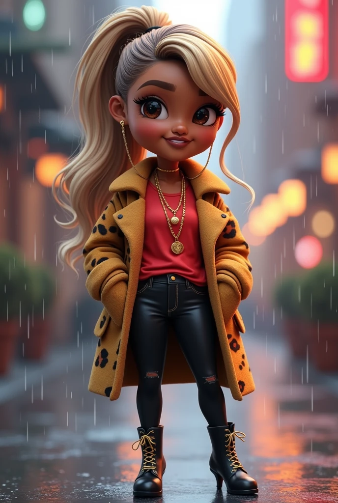 chibi-style 3D digital illustration of a African American woman. Long ponytail features blonde hair with brown highlights. Wears a stylish cheetah print coat, a red t-shirt, black pants, and high heal boots, gold jewelry. The rainy cityscape background adds a magical ambiance, with delicate rain falling. The pose exudes happiness, confidence, and charm, set against a rainy cityscape background. Additional elements are included to make the image stand out.