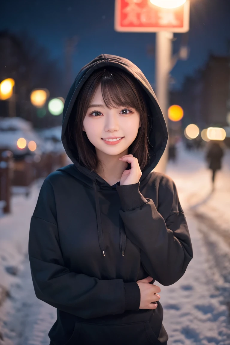 1 girl, (Wear a black hoodie:1.2), (RAW photos, highest qualThaty), (Practical, Practical:1.4), On the table, Very delicate and beautiful, Very detailed, 2k wallpapers, wonderful, Finely, Very detailed CG UnThaty 8K 壁紙, Very detailed, high resolution, Soft Light, Beautiful and delicate girl, Very detailed目と顔, Beautiful and delicate nose, Finelyて美しい目, Cinema Lighting, Illuminations That light up the cThaty on a snowy night, Snow Scene, That'That'That'it'Snowing, Snowflakes fall on my hair, Perfect anatomical structure, slim body, Very nervous,
Straight half-length hair, Bangs, Looking at the audience, Smile、Fluffy scarf