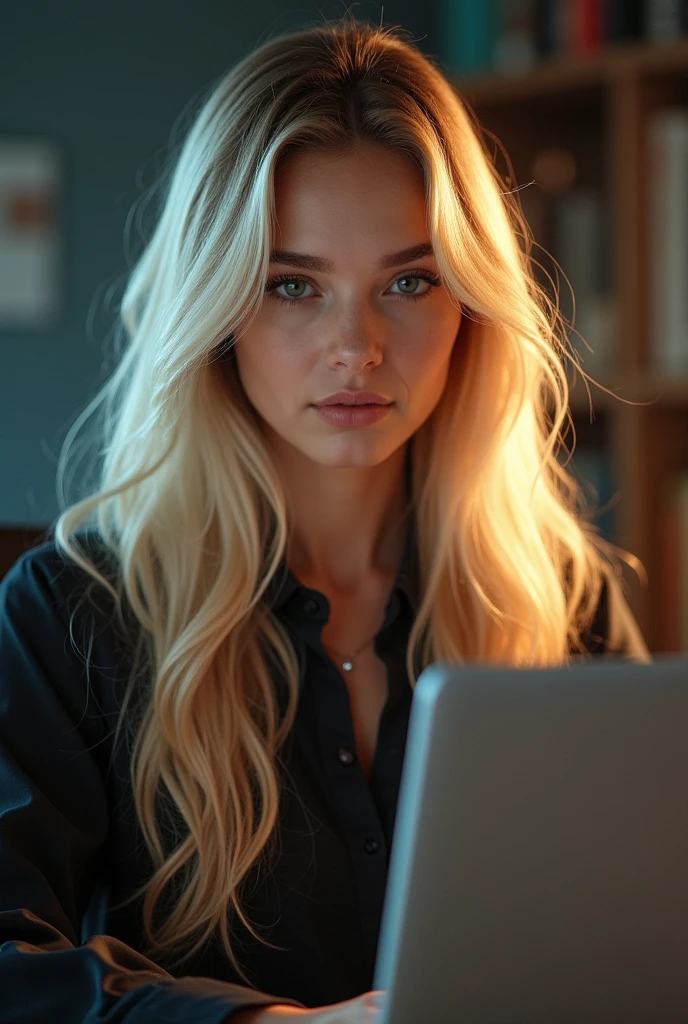 a beautiful girl with long blonde hair, detailled eyes, nose, and lips, 比基尼, standing in her office, with your computer, hp computer (best quality,4K,8k,highres,masterpiece:1.2),Ultra-detail,(realisti,photorealisti,photo-realisti:1.37),HDR,studio lighting,Extremely detailed face and body, portrait,cinematic lighting,dramatic lighing,warm colors,dramatic colors