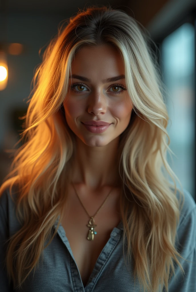 a beautiful girl with long blonde hair, detailled eyes, nose, and lips, 比基尼, standing in her office, with your computer, hp computer (best quality,4K,8k,highres,​masterpiece:1.2),Ultra-detail,(realisti,photorealisti,photo-realisti:1.37),HDR,studio lighting,Extremely detailed face and body, portrait,cinematic lighting,dramatic lighing,warm colors,dramatic colors