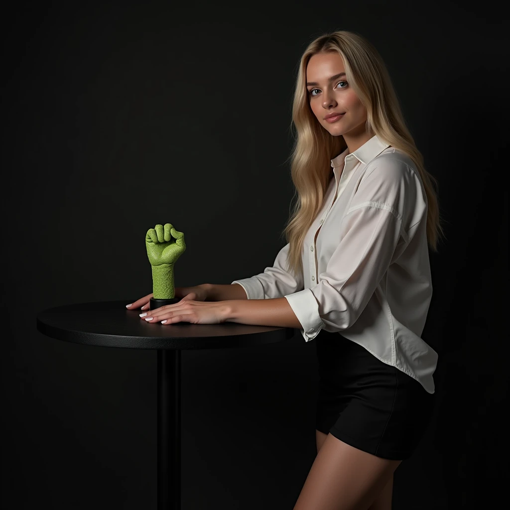 main item is a high ,black table displaying a very small green cude(size like a fist) with no shadow ,  
and a 16years old , BEAUTIFUL ,blonde, white shirt,black short skirt, super huge boobs(34 E CUP) ,very white skin tone lady standing next to it 
and the whole body facing the camera
the back ground is a black wall
taking a realistic far view photo