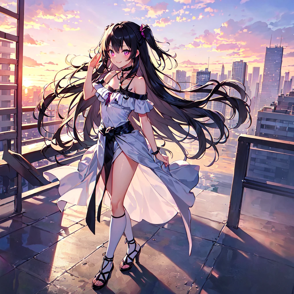 masterpiece, best quality, high quality, extremely detailed, very delicate and beautiful, (1 female 18 years old, solo: 1.5), (long black hair up to waist with two side up: 1.5), bangs to eyebrows, eyes (eyes sharp, strong, glossy, glossy eyebrows), (eye color magenta:1.3), 6.5 head height, (summer fashion: 1.3), knee socks, lace, frills, (smiling), (walking), (dynamic pose), (looking at city from summer hill: 1.3), (sunset: 1.3)