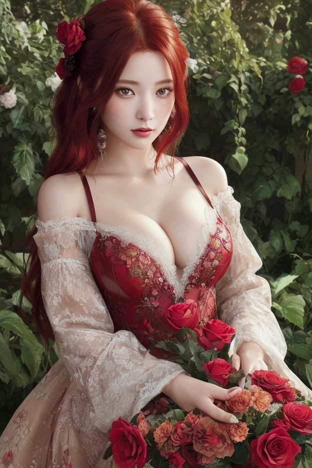 portrait of a red haired woman  reflections, dark light, Red hair, loose in the wind ,on her face that highlight her beauty, black eyes, in full color, beautiful face very detailed, freedom, soul, digital illustration, approaching perfection, dynamic, Very detailed, A mesmerizing vintage-inspired captures a voluptuous female subject oozing elegance and charm. Her fiery red hair is intricately styled up, with delicate strands framing her enticing, alluring smile. She dons an enchanting floral dress with an intricate plunging neckline, embellished with leather and detailed lace. The background, rendered in a soft focus, unveils a romantic garden teeming with vibrant roses and blooming florals. The overall atmosphere of the painting exudes romance and nostalgia, encapsulating a timeless essence of beauty and grace., paintingconceptual art, smooth, sharp focus, illustration in the style of artists such as Russ Mills, sakimichan, Oh! 