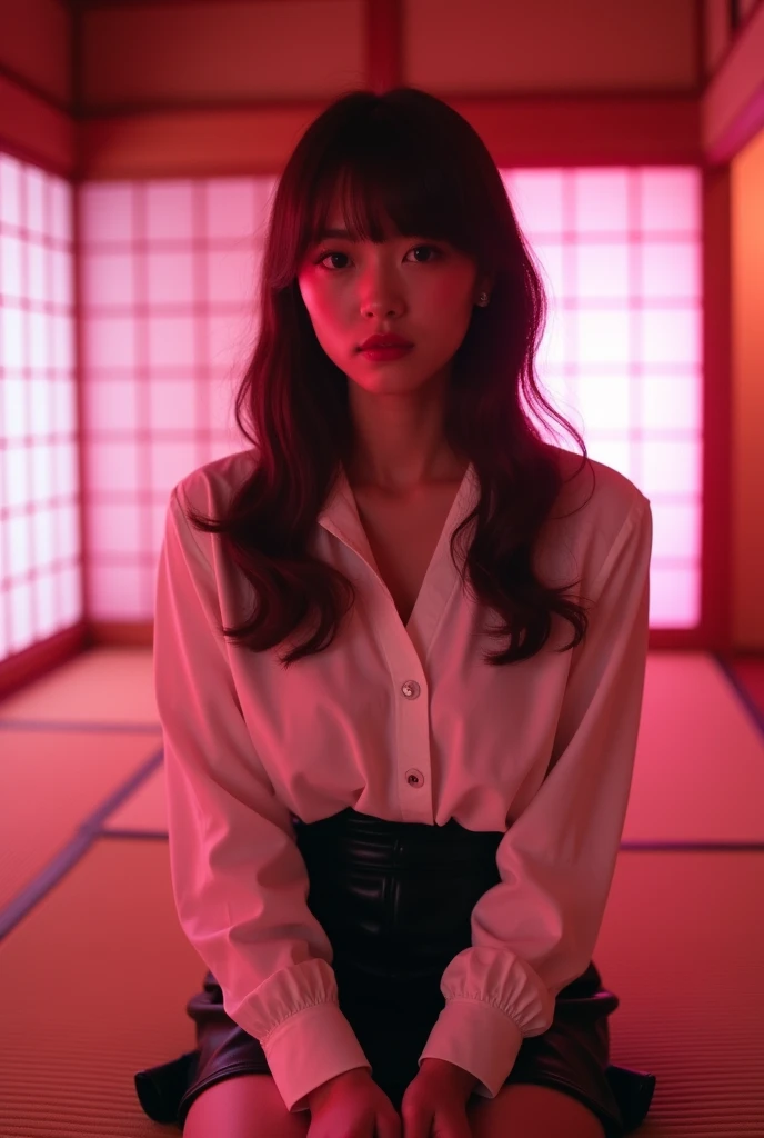 ((Japanese actress)) Mature Woman ((Plump, bright red lips with lipstick)) Big Breasts ((Brown hair with bangs)) ((Looking into the camera)) Sit with your legs apart ((White button shirt and black enamel tight skirt)) Low-angle shot of a person standing facing forward look down ((A bedroom with shoji and tatami mats lit up in pink neon lights))