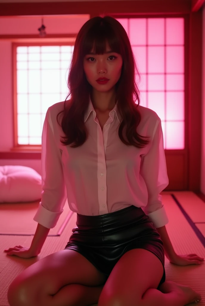 ((Japanese actress)) Mature Woman ((Plump, bright red lips with lipstick)) Big Breasts ((Brown hair with bangs)) ((Looking into the camera)) Sit with your legs apart ((White button shirt and black enamel tight skirt)) Low-angle shot of a person standing facing forward look down ((A bedroom with shoji and tatami mats lit up in pink neon lights))