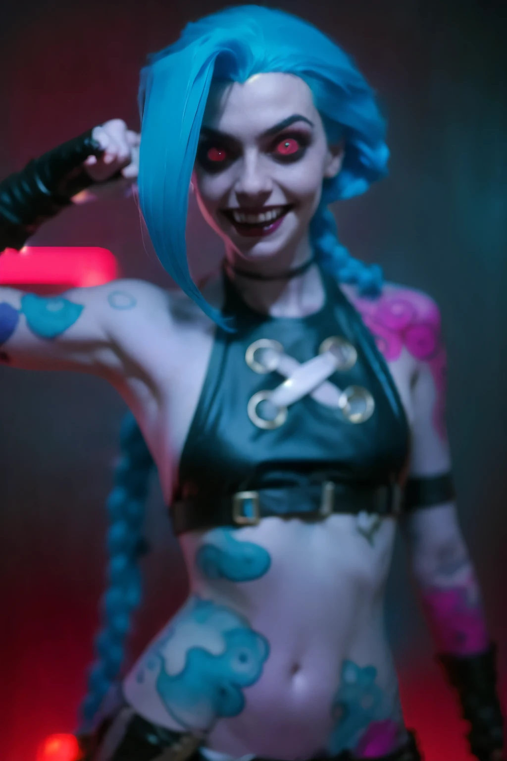 Hyper realistic super detailed Jinx cosplay ,((  girl, 15 yeVery detailed, (hyper realistic: 1.4), ((in dynamic fight pose)) , attack, ((angry face)) , twin braids, long hair, blue hair, red eyes, (((blue tattoo on arm))) , ((skinny body)) , (((psycho face, creppy smiling) )), arcane style. ((Grunge Neon grafitti background, cinematic lighting)).