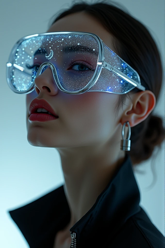 The model is wearing glass sunglasses with stars and the moon on the glass