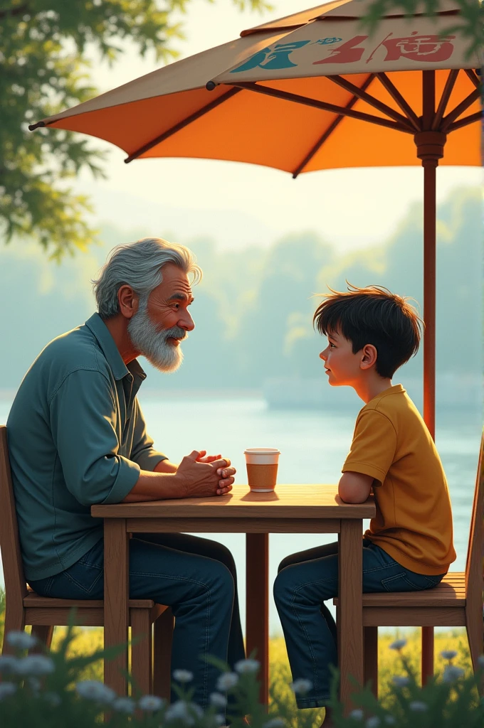 Father and son talking at a table with an umbrella with a lake in the background 